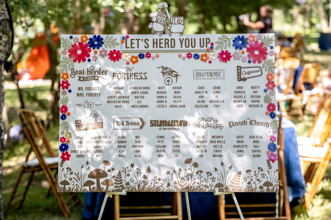 A decorative wedding guest sign on a white easel in an outdoor garden setting. The sign features whimsical illustrations of flowers, mushrooms, and fairies, with the text 'LET'S HERD YOU UP' at the top and lists of names and playful challenges below.