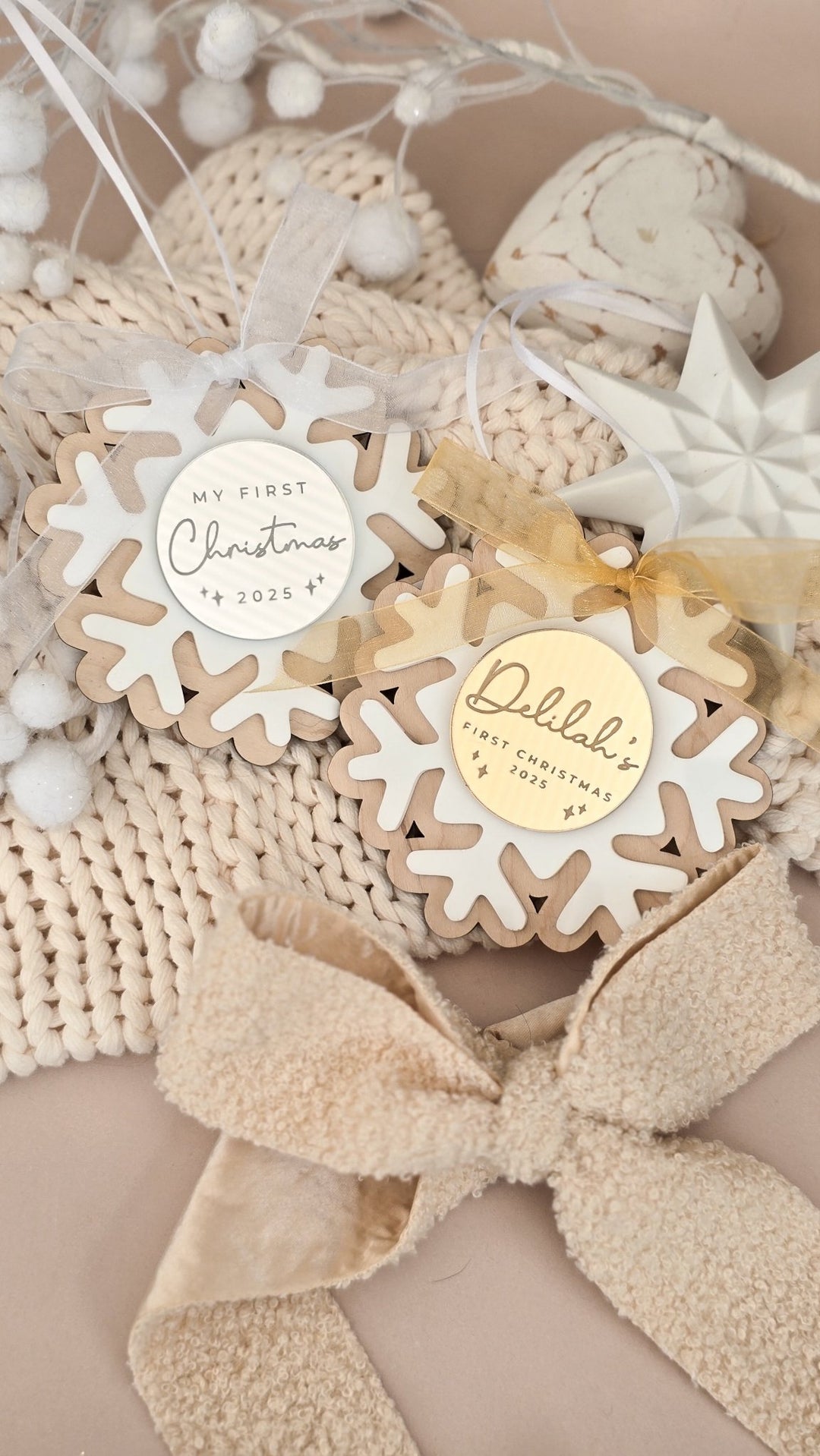 Baby's First Christmas Snowflake Decoration - Circle Plaque - TilleyTree