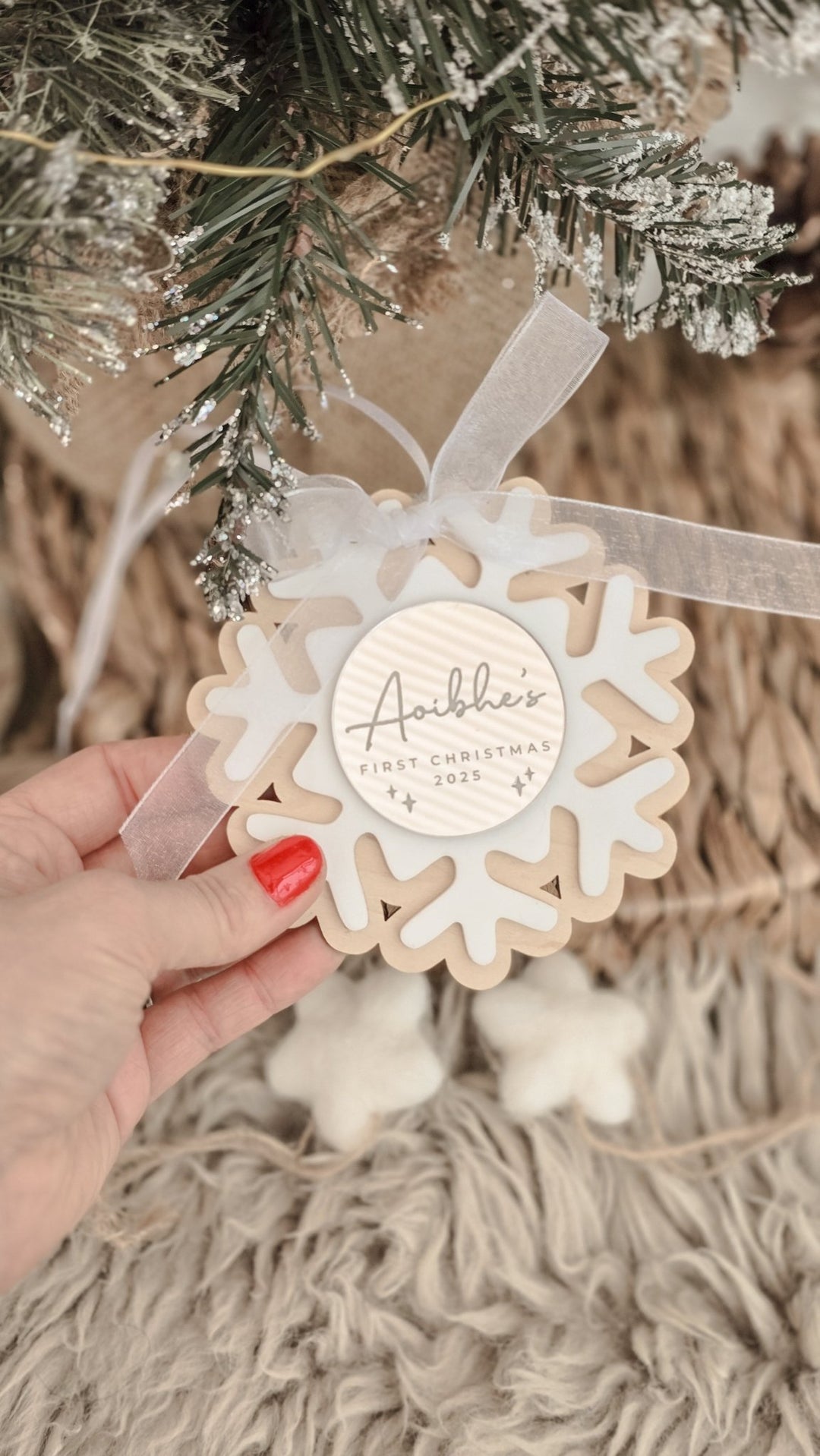 Baby's First Christmas Snowflake Decoration - Circle Plaque - TilleyTree