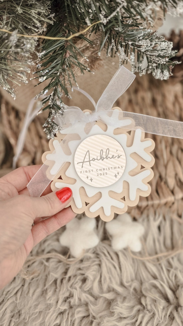 Baby's First Christmas Snowflake Decoration - Circle Plaque - TilleyTree