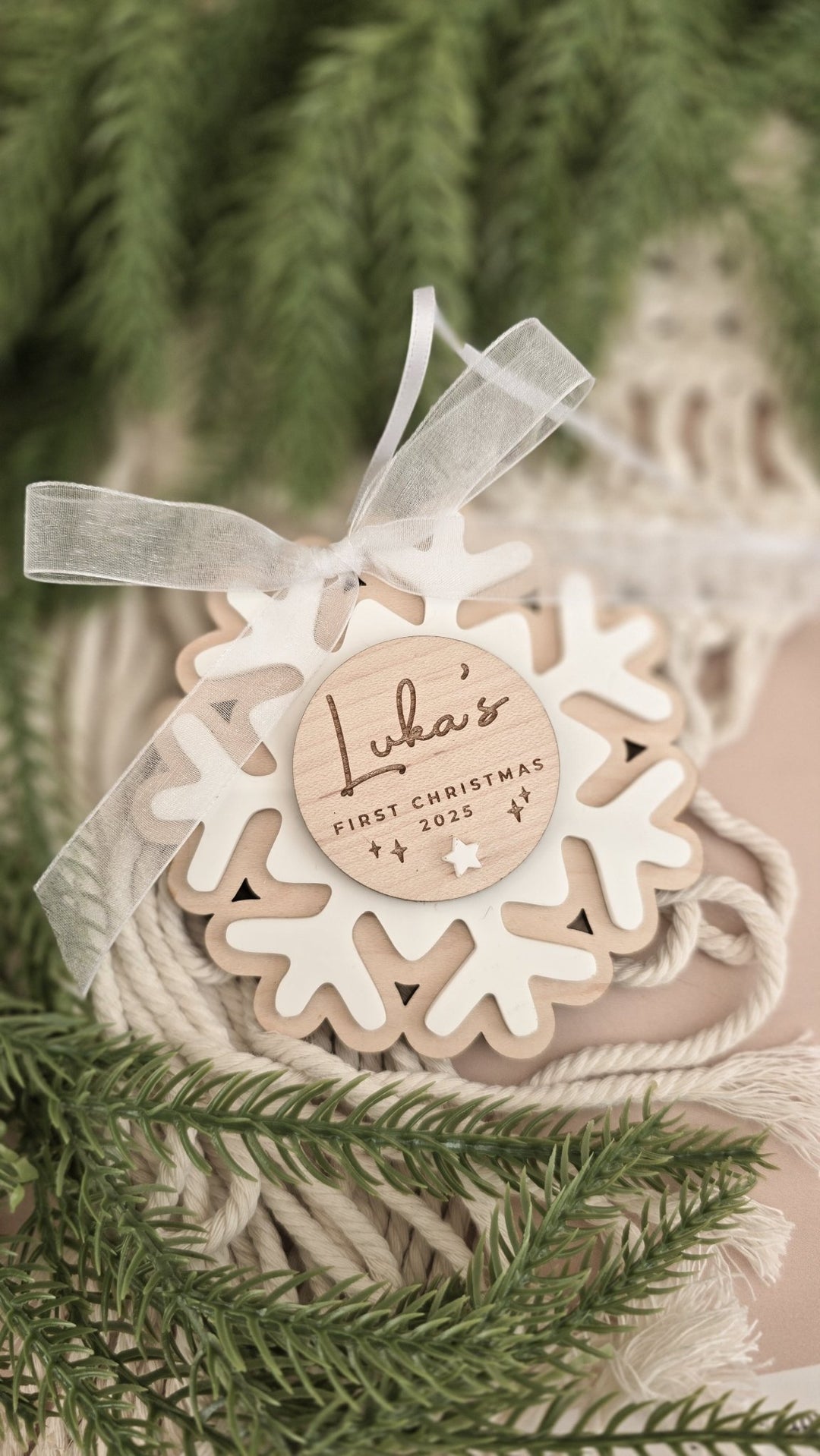 Baby's First Christmas Snowflake Decoration - Circle Plaque - TilleyTree