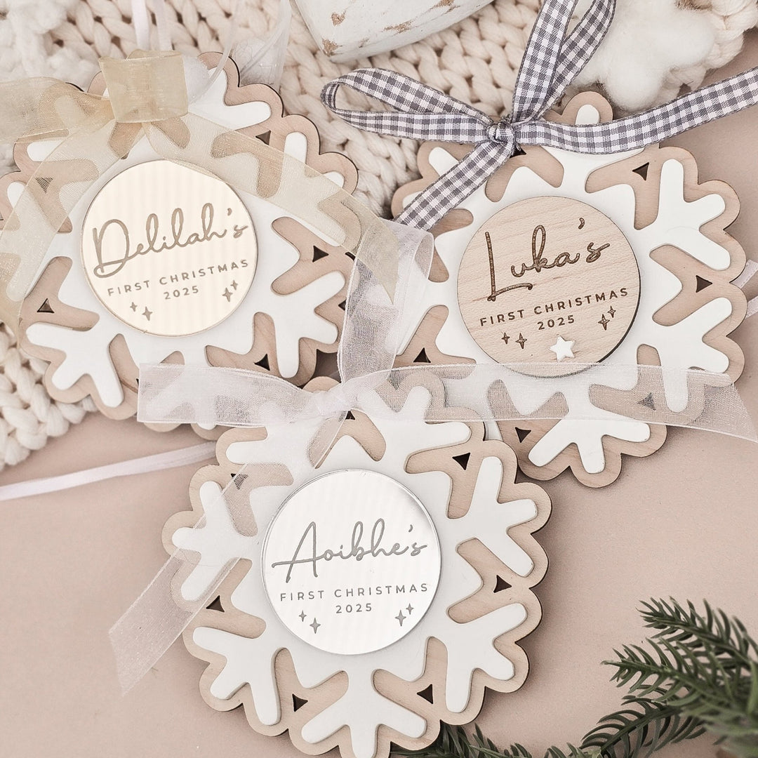 Baby's First Christmas Snowflake Decoration - Circle Plaque - TilleyTree