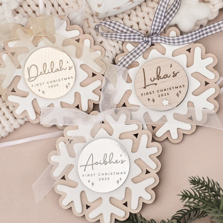 Baby's First Christmas Snowflake Decoration - Circle Plaque - TilleyTree
