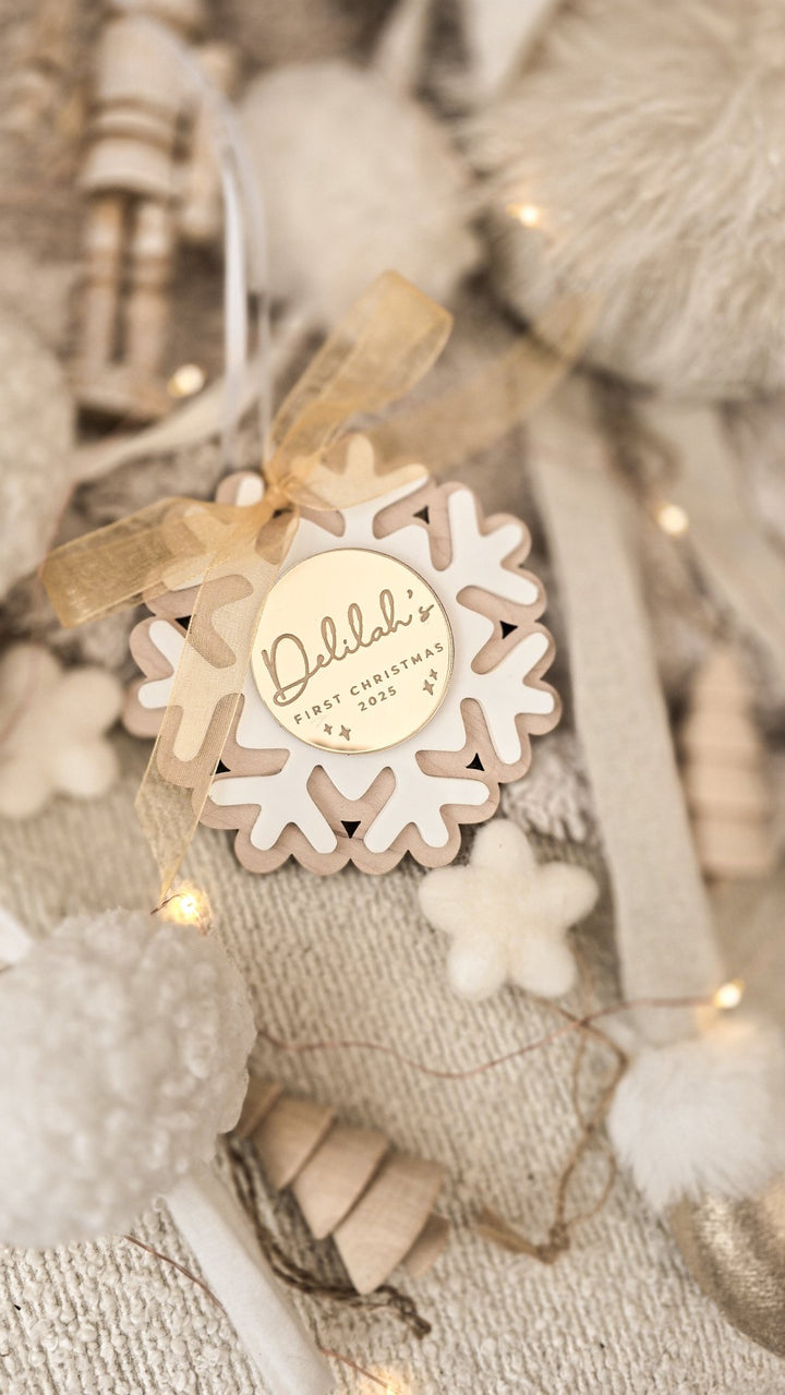 Baby's First Christmas Snowflake Decoration - Circle Plaque - TilleyTree