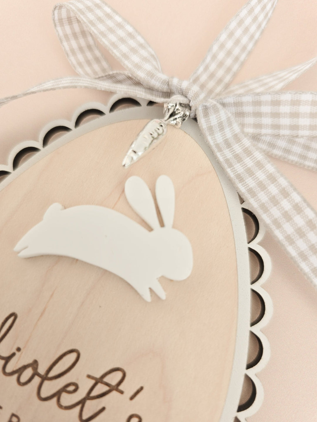 Personalised Easter Basket Tag – Scalloped Wooden Egg with Bunny & Charm - TilleyTree