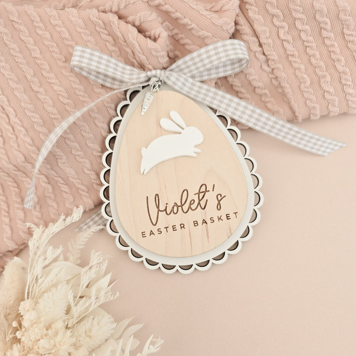 Personalised Easter Basket Tag – Scalloped Wooden Egg with Bunny & Charm - TilleyTree
