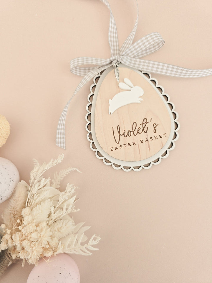 Personalised Easter Basket Tag – Scalloped Wooden Egg with Bunny & Charm - TilleyTree