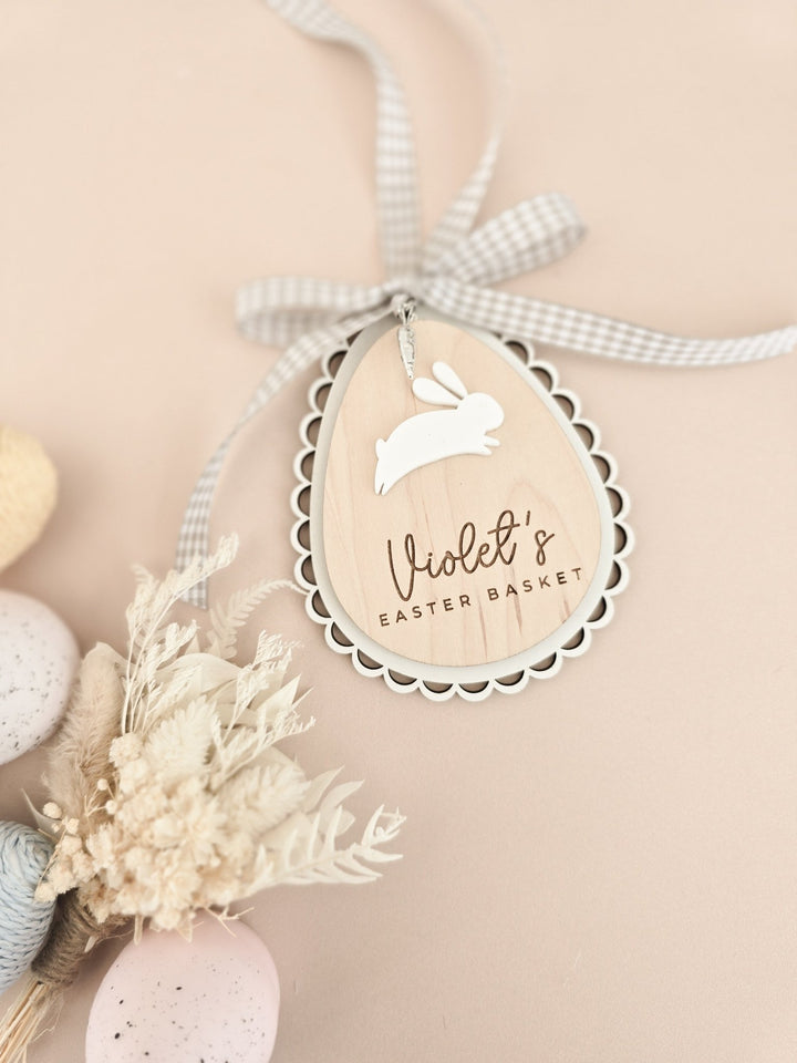 Personalised Easter Basket Tag – Scalloped Wooden Egg with Bunny & Charm - TilleyTree