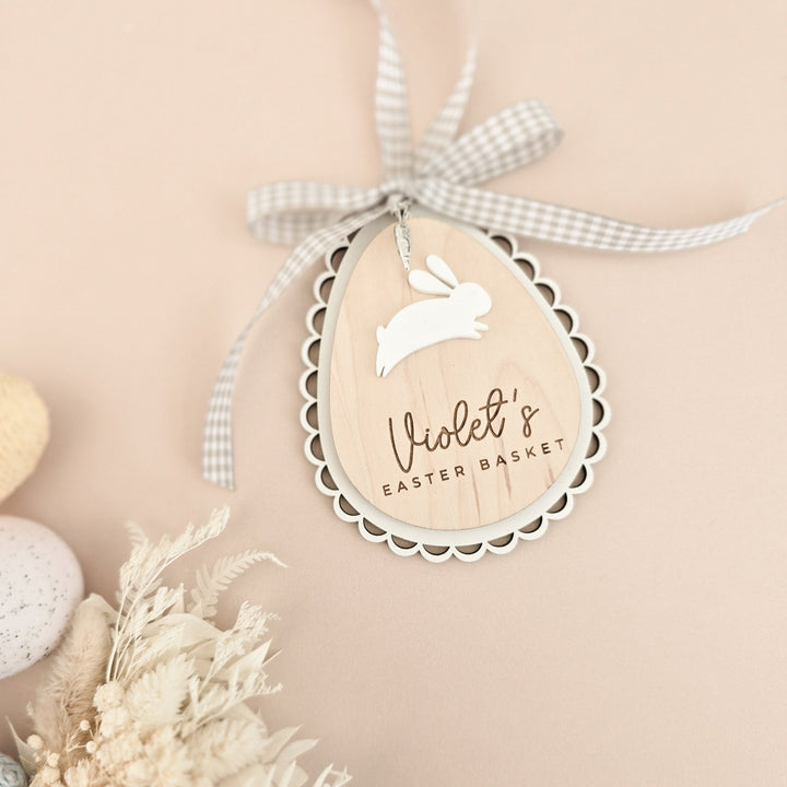 Personalised Easter Basket Tag – Scalloped Wooden Egg with Bunny & Charm - TilleyTree