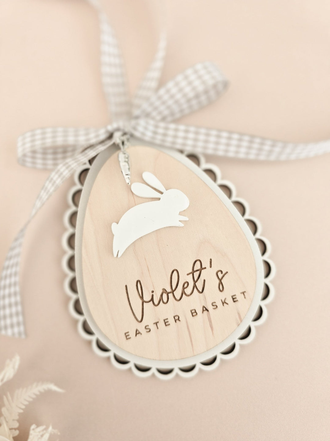 Personalised Easter Basket Tag – Scalloped Wooden Egg with Bunny & Charm - TilleyTree