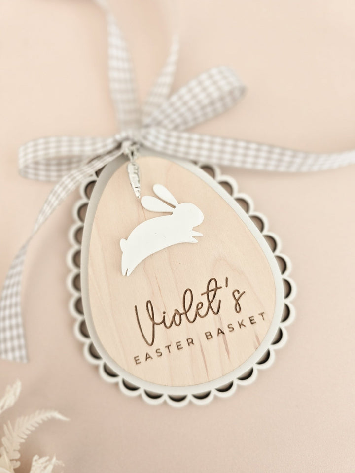 Personalised Easter Basket Tag – Scalloped Wooden Egg with Bunny & Charm - TilleyTree