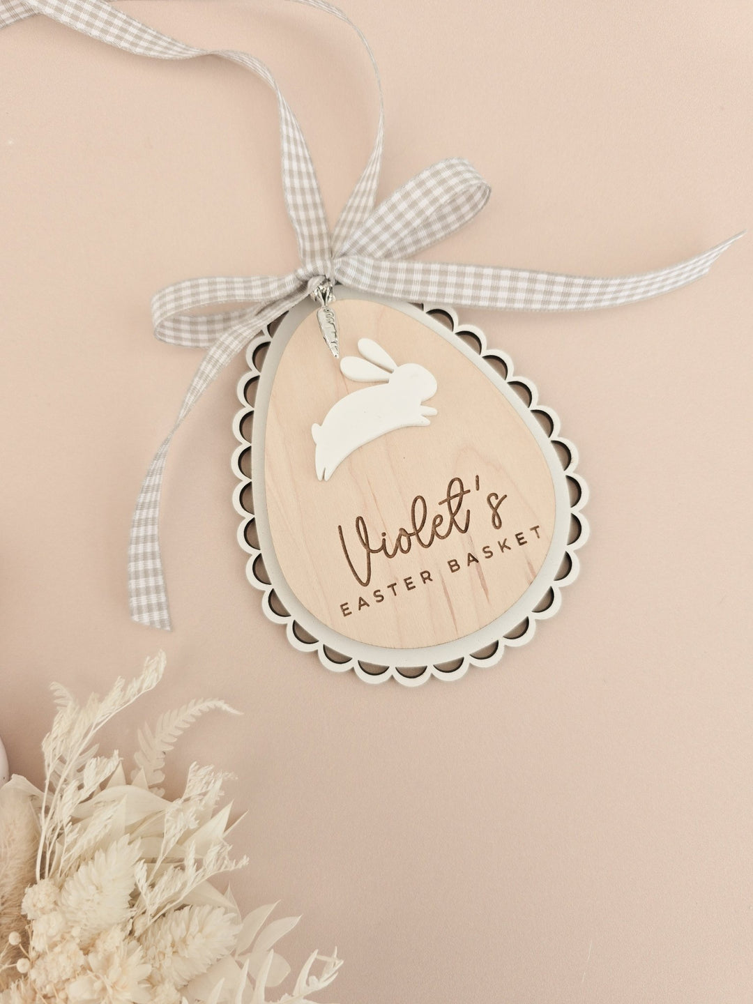 Personalised Easter Basket Tag – Scalloped Wooden Egg with Bunny & Charm - TilleyTree