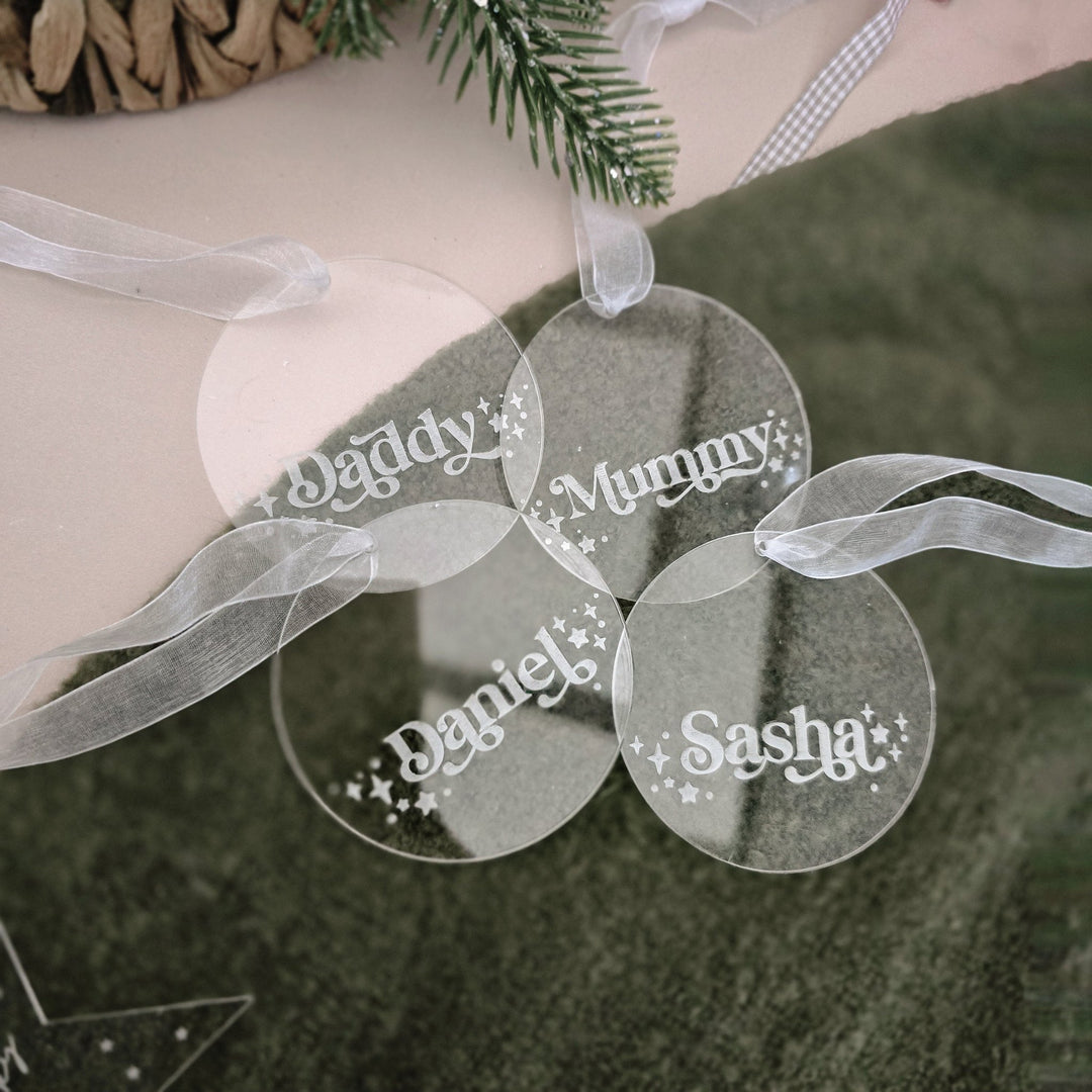 Winter Personalised Name Baubles - Clear Recycled Acrylic - TilleyTree