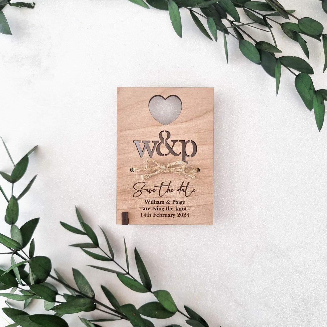 Hearts & Initials Wooden Save the Date Invitations - TilleyTree