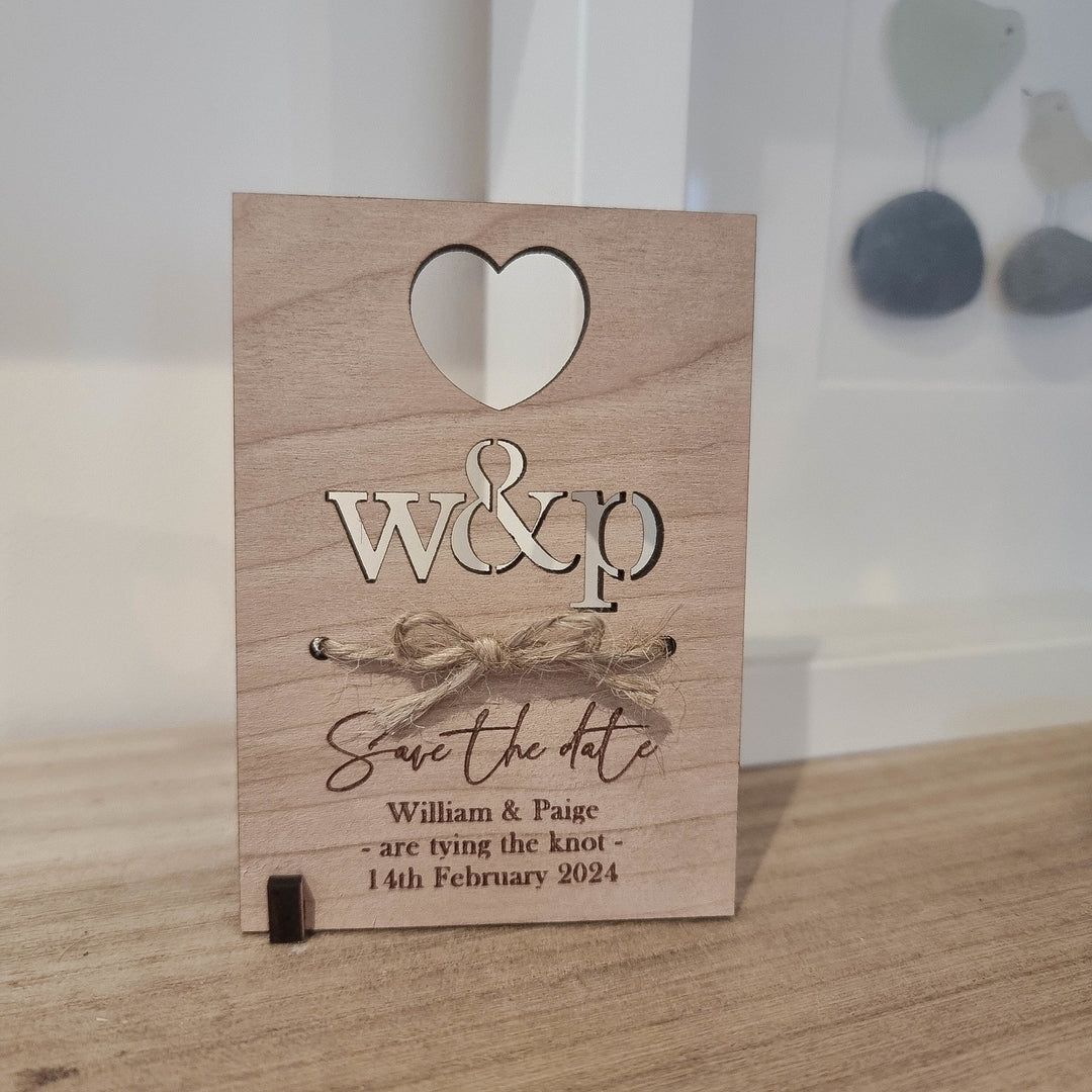 Hearts & Initials Wooden Save the Date Invitations - TilleyTree