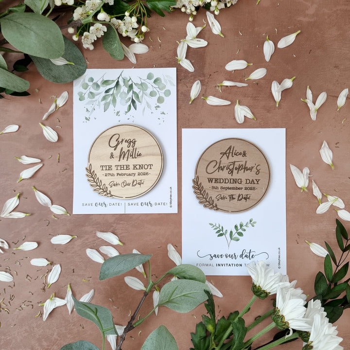 Simple Laurel Wooden Save the Date - TilleyTree