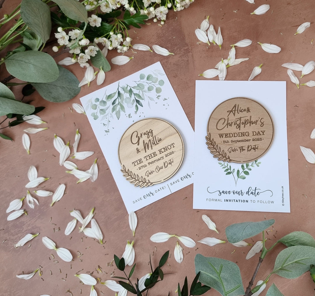 Simple Laurel Wooden Save the Date - TilleyTree