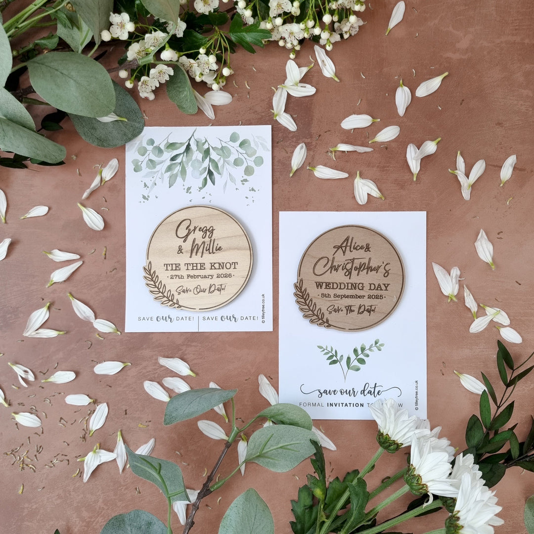 Simple Laurel Wooden Save the Date - TilleyTree