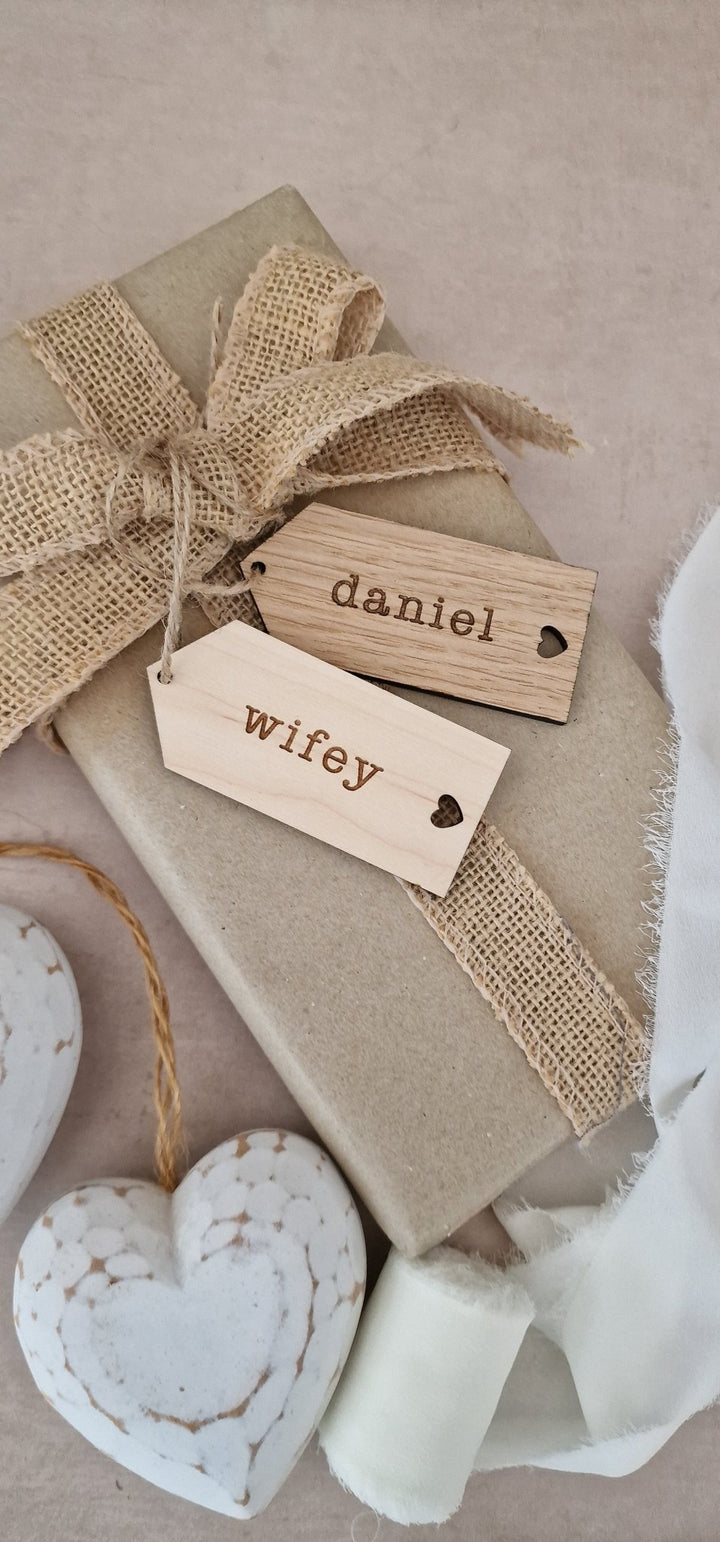 Wooden Heart Tags | Typewriter Font - TilleyTree