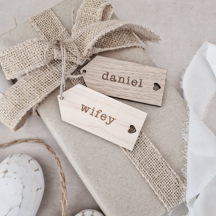 Wooden Heart Tags | Typewriter Font - TilleyTree